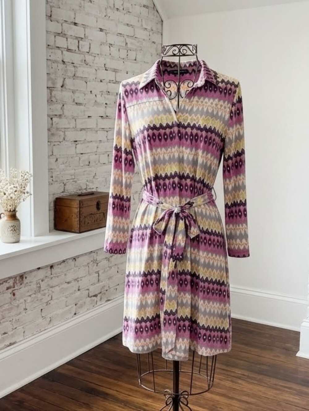 Ellie Kai Zigzag Print Midi Shirt Dress with Tie Waist in Pink & Cream Size 6